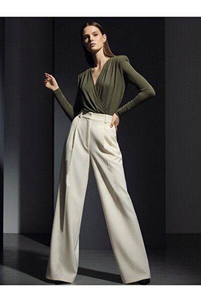 RİVUS Dökümlü Kesim Pile Detaylı Koton Kumaş Palazzo Pantolon - Ekru