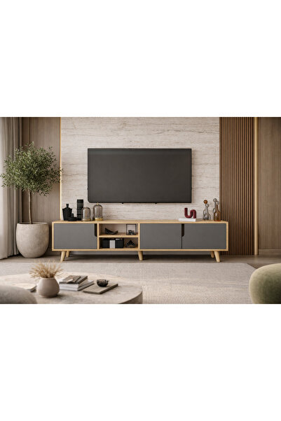 VM VERTEX MOBİLYA Latina Ahşap Ayaklı Tv Ünitesi Tv Sehpası 180 Cm Safir Meşe...