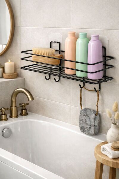 KARTEYA Suport de baie adeziv cu 4 cârlige Suport pentru șampon de baie negru...