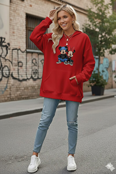 LiyAdaCo Ženska crvena Mickey&Minnie Mouse majica Štampano Oversize kroj - du...