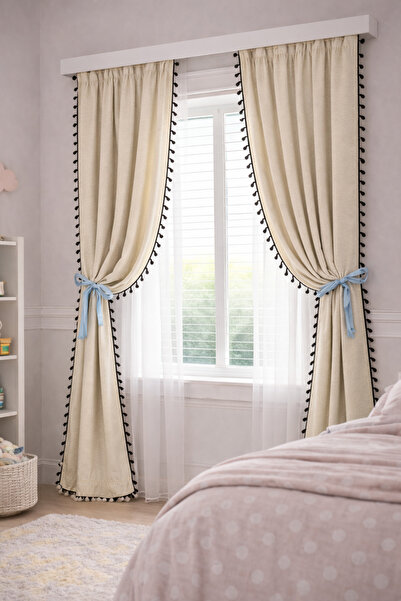 perde plus Натуральна 100% бавовняна тканина з ефектом льону, чорна, з бахром...