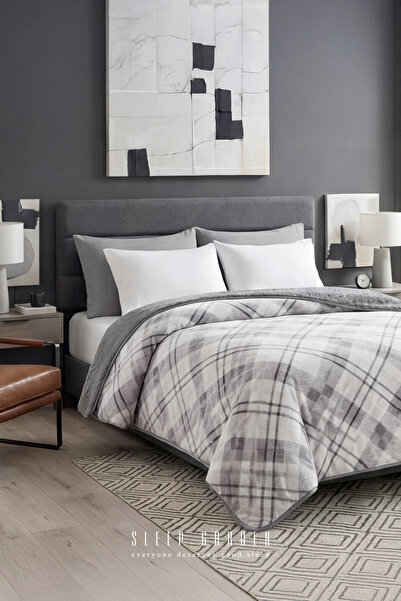 Sleep Garden Yatak Örtüsü/Battaniye Çift Taraflı Gri Kareli Peluş Çift Kişili...