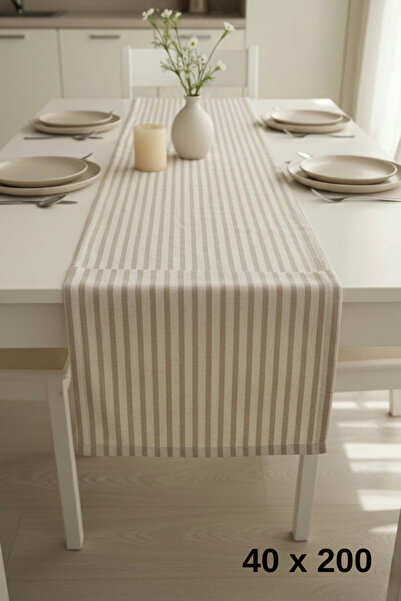 MZN Home Düz Sade Kenar Şeritli Keten Runner 40x200 cm – %100 Doğal Pamuk