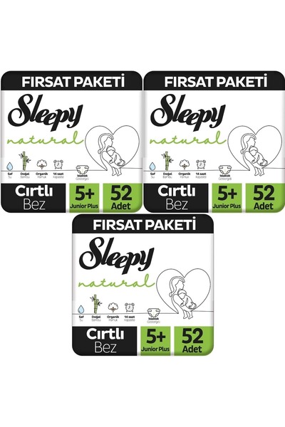 Sleepy Bebek Bezi Naturel Beden:5+ (13-20Kg) Junior Plus 156 Adet Aylık Fırsa...