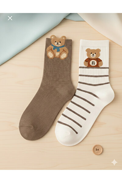 Katia&Bony Kadın Teddy Bear Desenli 2'li Soket Çorap Ekru- Kahverengi