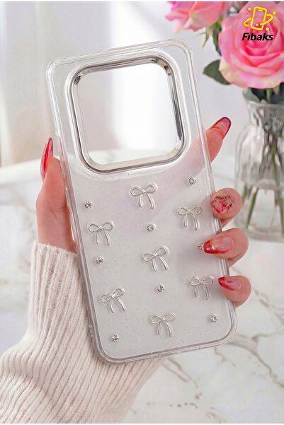 Fibaks Redmi Note 14 Pro Kılıf Fiyonk Desenli Şeffaf Simli Gümüş Kamera Çıkın...
