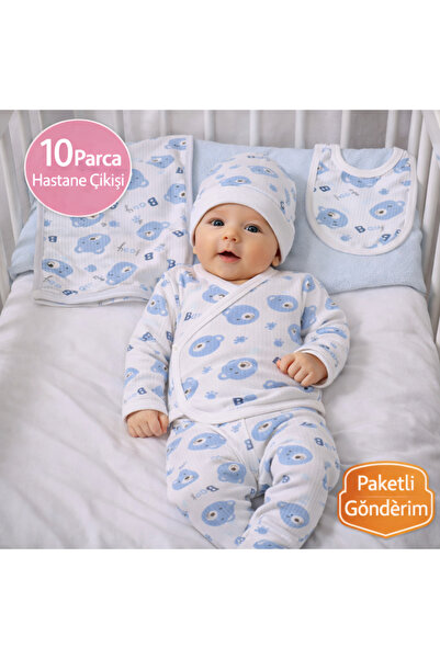 Yenidoğan Ayıcıklı 10 Parça Hastane Çıkış Seti %100 Pamuk Raporlu Kumaş Bebek Hastane Seti