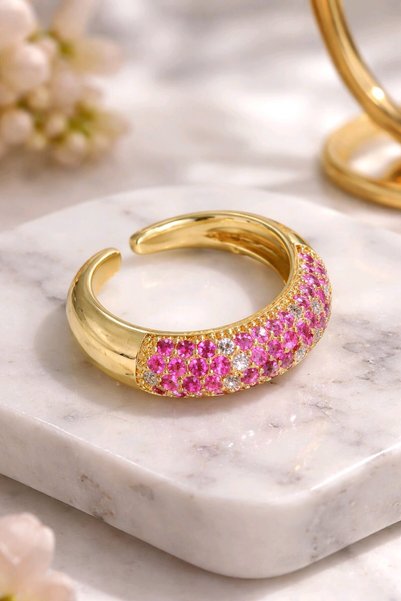 mosmoda Çelik Gold Pembe Taşlı Ayarlanabilir Yüzük