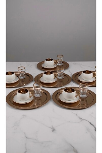 SİNİ Paslanmaz Çelik 6 Adet Yuvarlak Lüx Rose Kahve, Çay Sunum Servis Tepsisi