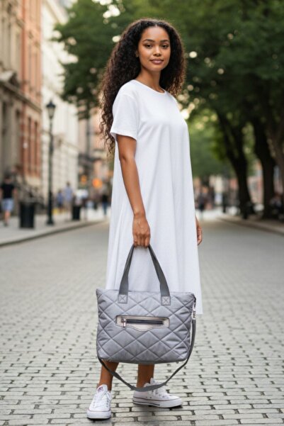 Glowfit Shine Your Shape Women's Gray Color Quilted Patterned Large Puff Bag