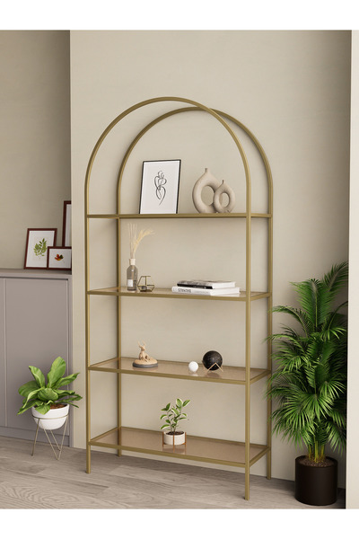 Dekoport 4 Raflı Camlı Kitaplık Temperli Bronz Cam