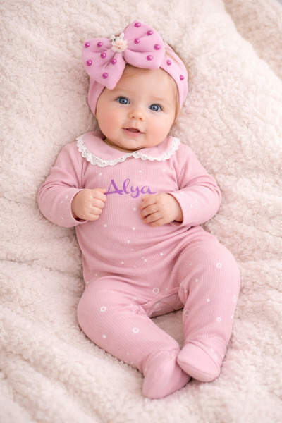 BY TUNA DESİGN اسم B مطبوع طقم رومبير للأطفال باللون الوردي – إصدار المستشفى ...