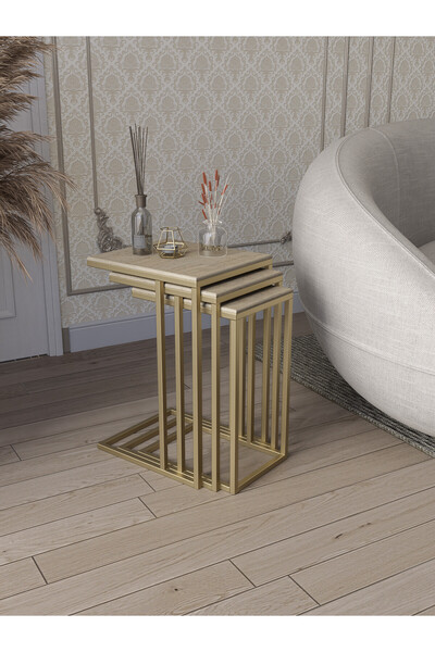 Dekoport Mira 3 lü Zigon Sehpa - Yan Sehpa Metal Ayak Mdf Membran Kaplama