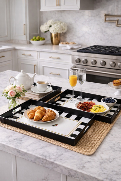 MAKRİ HOME 2 adet Çizgili Desenli Servis Tepsisi 38x28x3,5 cm, Siyah-Beyaz ve...