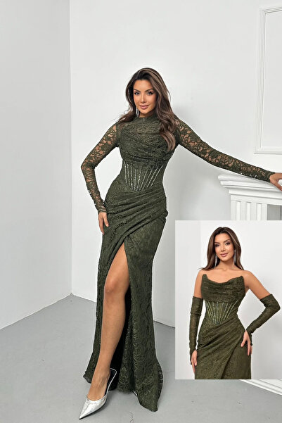 İyem Abiye Bolerolu Ve Kollu Dantel Desenli Taşlı Şık Tasarım Abiye Elbise Da...