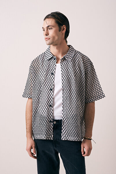 İLKCET MODA Ανδρικό πουκάμισο με σχέδια σε μαύρο χρώμα, oversized