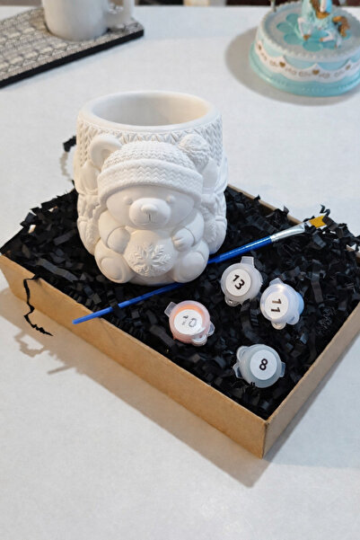 Denic Tasarım Taş Boyama Seti- Kış Ayicigi-Boya-Fırça- Kalemlik-Biblo- Çok am...