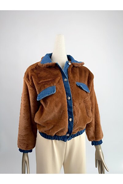 FEMİAS Denim Detay Düğmeli Kahverengi Peluş Mont