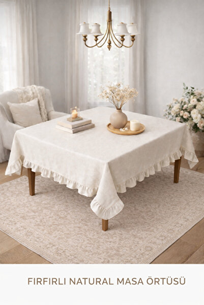 ÇIQRIK HOME Fırfırlı Organik Keten Natural Ham Masa Örtüsü-Yıkanabilir.-Natur...
