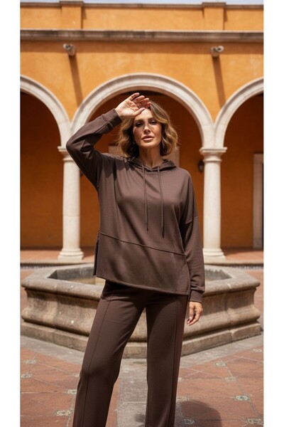 Moda Banuş με κουκούλα Σετ αθλητικής φόρμας Modal Fabric Pipe Leg Brown overs...