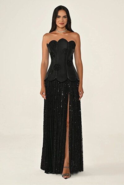 ALFABETA Black Corset Evening Dress with Floral Appliqués-