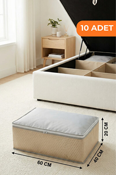 EVSELLA 10’lu Bej Geometrik Çizgili Baza Altı Çekyat Hurç Organizer 60×40×22 cm
