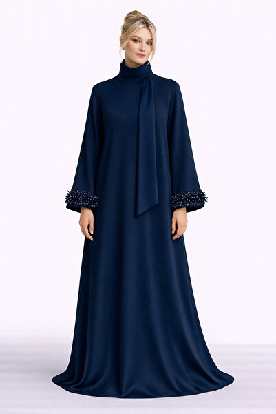 MERT ERKAN Kirpi Boncuk Taş İşlemeli Lacivert Krep Maxi A-Form Abaya Elbise