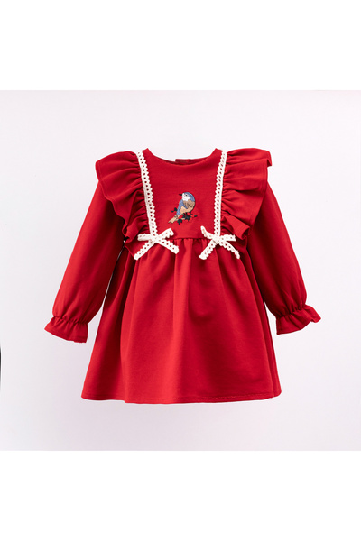 Cumino Kuş Nakışlı Kız Bebek Elbise