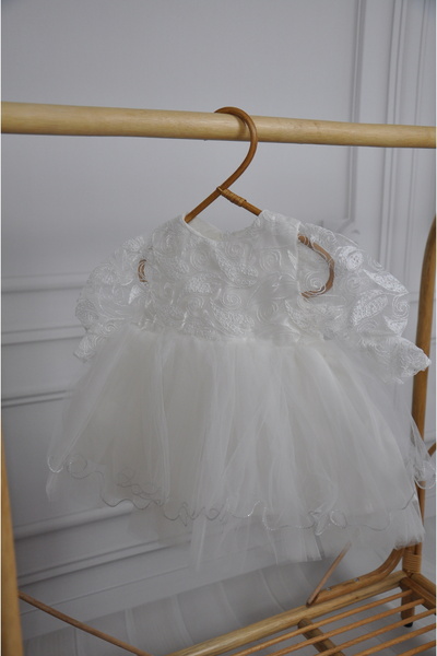 ministok Beyaz Balon Kollu Tütülü Kız Bebek Elbise