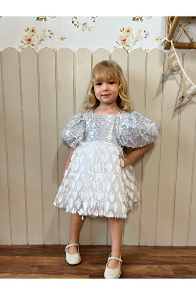 ministok Gümüş Payetli Balon Kollu Davet Özel Gün Doğum Günü Elbisesi