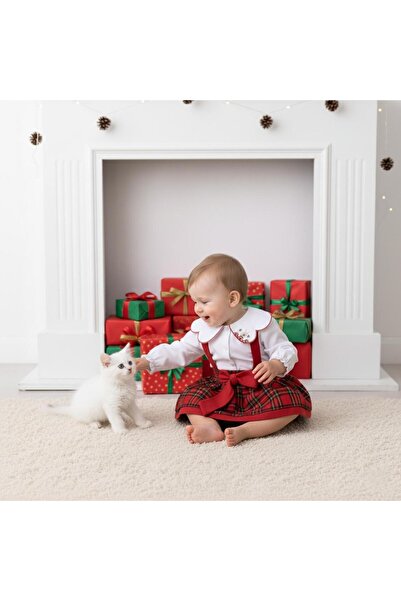 ministok Sweet Rabbit Yakası Nakış Detaylı Ekoseli Kız Bebek Salopet Takım