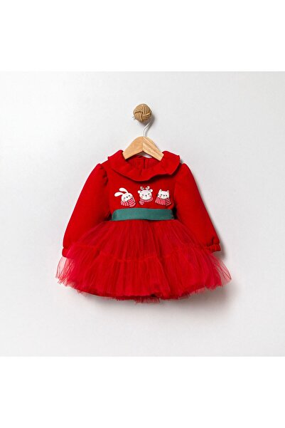 Cumino Cındy Üst Şardonlu Yeşil Kemerli Kırmızı Tütülü Kız Bebek Elbise