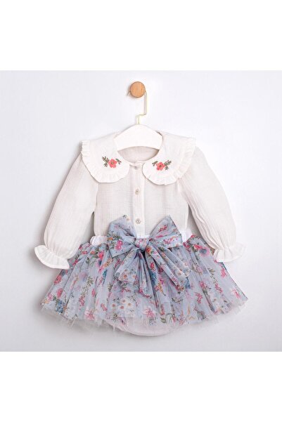 ministok طقم تنورة توتو مطرزة عند الرقبة مع ستة أزرار للفتيات الصغيرات من تينا