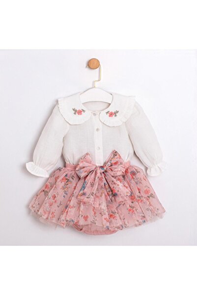 ministok طقم تنورة توتو مطرزة عند الرقبة مع ستة أزرار للفتيات الصغيرات من تينا