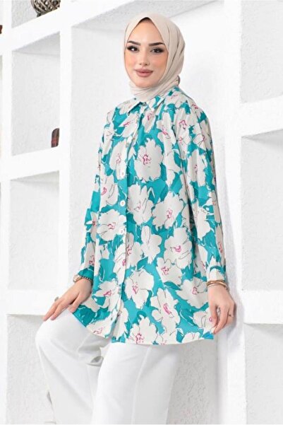 TRENDTESETTÜR KADIN MAVİ (TURKUAZ) DESENLİ YANI YIRTMAÇLI GÖMLEK TUNİK T 9888