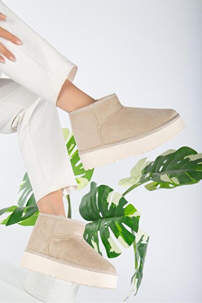 ibrahim müslü Kalın Tabanlı Bej Içi Tüylü Mini Kadın Bot