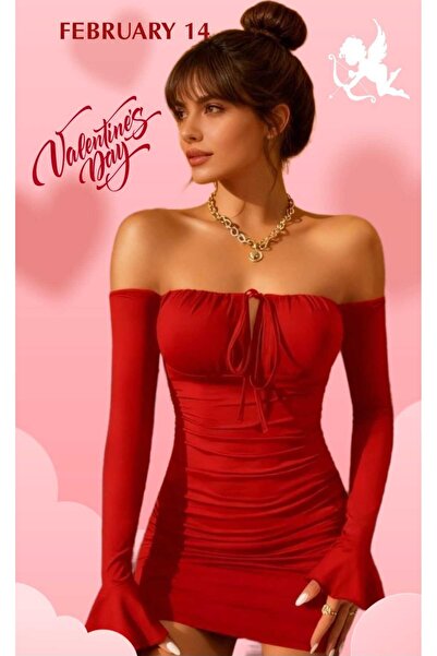 NiCe İç Giyim Women's Red Diver Fabric Spanish Sleeve Off-Shoulder Stylish Ev...