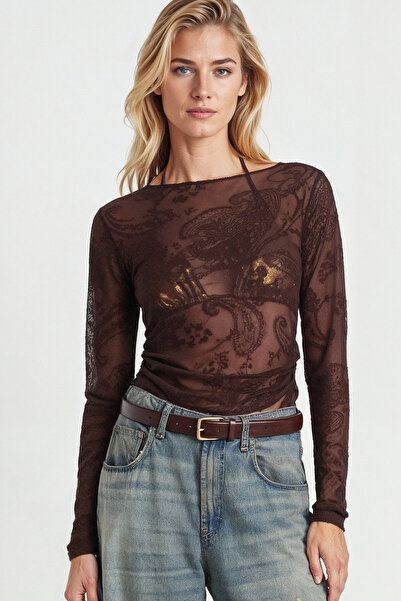Lovelyİstanbul بلوزة شفافة مطبوعة بخيوط مزركشة LZV0054 بني