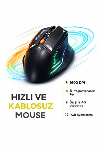 TUROVE Şarjlı Kablosuz Mouse 2.4G – 1600 DPI, RGB Işıklı, 6 Tuşlu, Hızlı ve K...