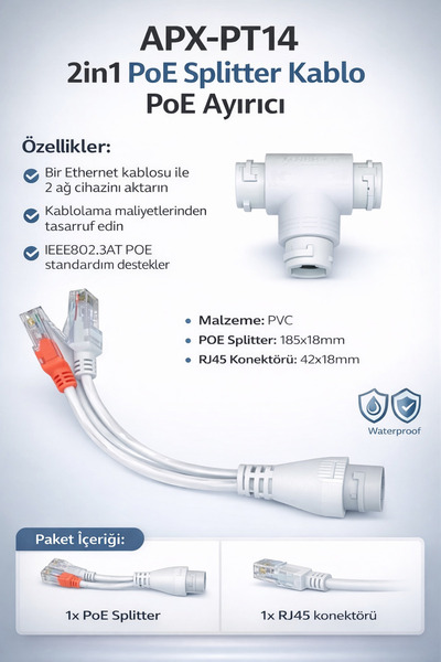 APRONX apx-pt14 2 in 1 Poe Splitter Kablo Poe Ayırıcı