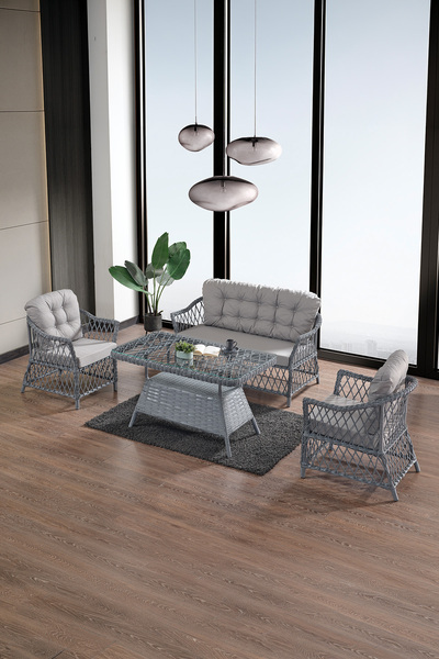 Evdemo Icon Rattan Bahçe Balkon Oturma Takımı 2+1+1+Camlı Masa Gri