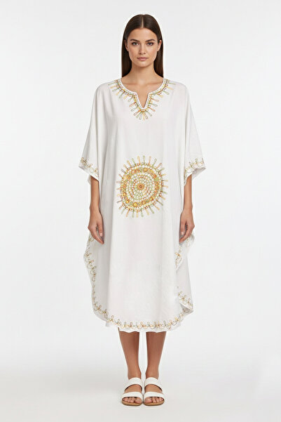 Deriderim Бяла памучна къса кафтанска рокля с бродирани прилеп ръкави