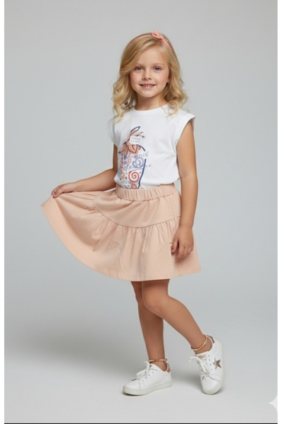 Çikoby Girl's Printed T-Shirt Elastic Waist Shorts Skirt Set