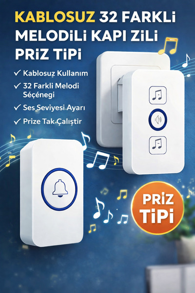 Ecuy Kablosuz Kapı Zili Priz Tipi – 32 Melodili, 433MHz, Tak-Çalıştır, LED Gö...