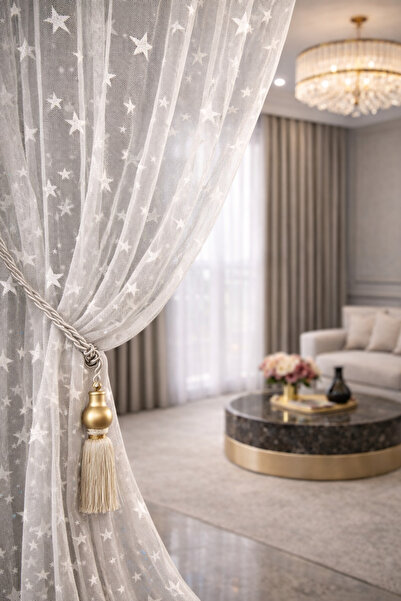 Emuz Beyaz Yıldız Tül Perde 1 / 3 Sık Pileli Ütü İstemez Tül Perde Fon, Perde...