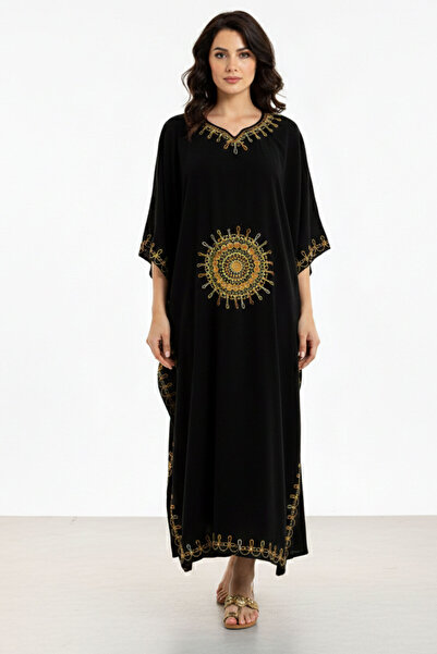 Deriderim Черна бродирана лятна памучна къса рокля кафтан с ръкав тип „прилеп“