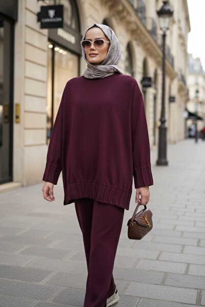 Aselim Hijap Moda Alisa Pileli Premium Modal Kumaş Tesettür İkili Takım – Bordo