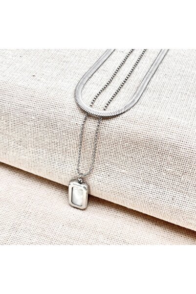 Siya Silver قلادة مزدوجة من الفولاذ الإيطالي مع تفاصيل أم اللؤلؤ وكتابة على ا...