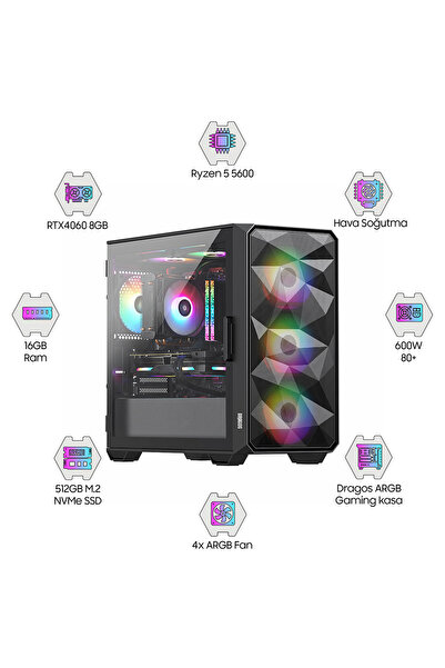 DRAGOS DRx5245 Ryzen 5 5600 16GB Ram 512GB M.2 NVMe SSD 8GB RTX4060 Ekran Kar...