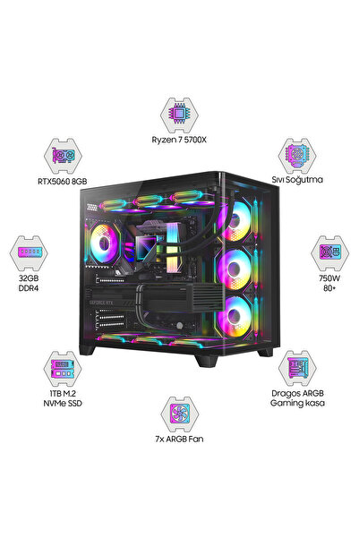 DRAGOS DRx6126 Ryzen 7 5700X 32GB Ram 1TB M.2 NVMe SSD Gigabyte Windforce 8GB...